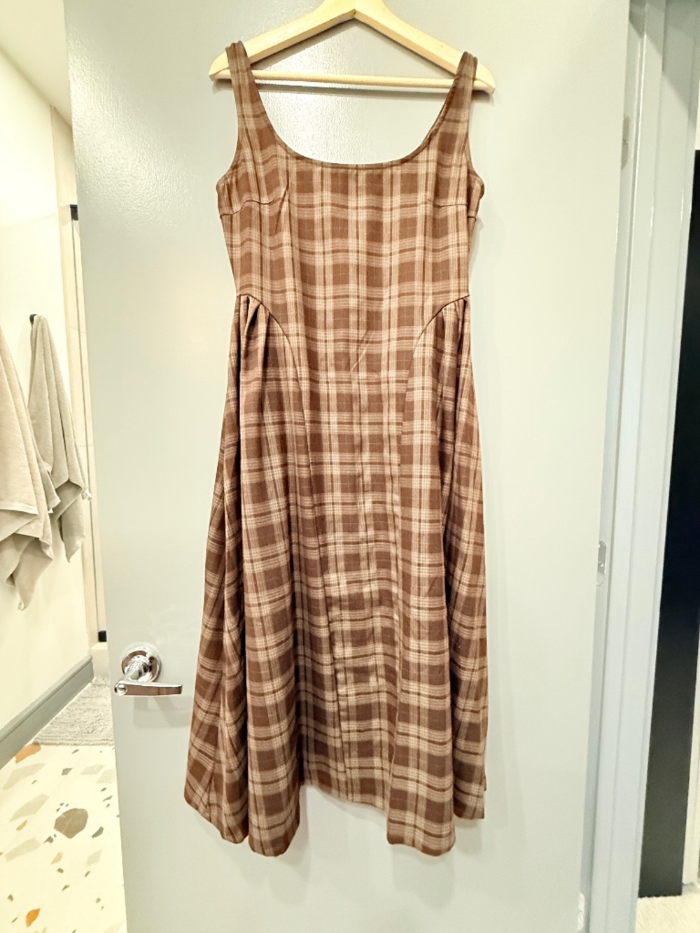 Cider Square Neck Check Pleated Zipper Maxi Dress | Size M (US 6)